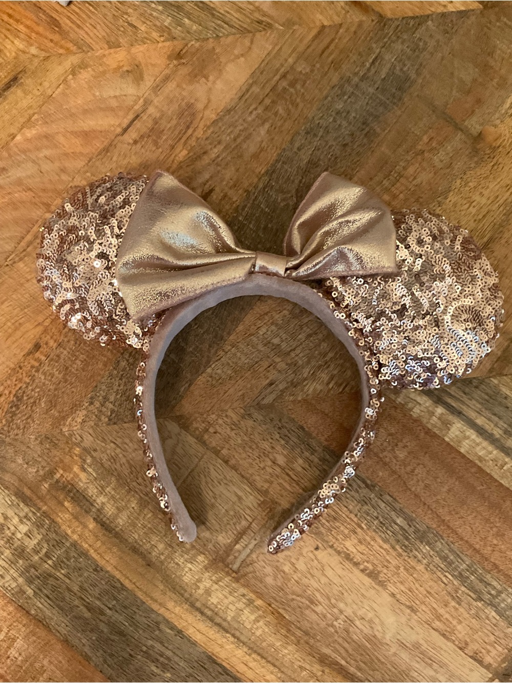 Disney Rose Gold Sequin Mouse Ear Headband with Metallic Bow